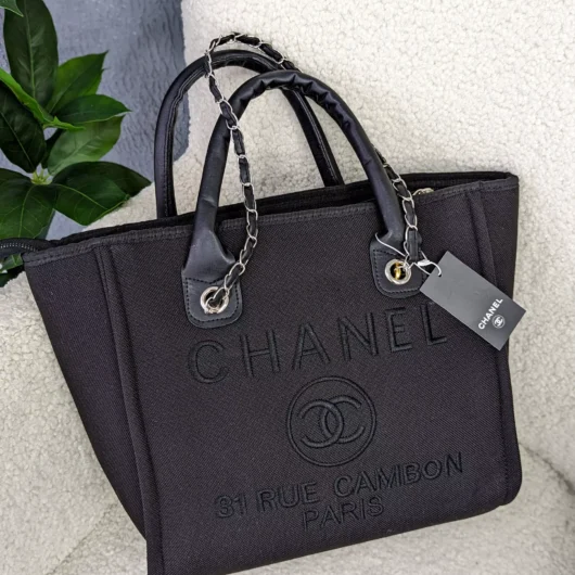 Сумка шопер Chanel Deauville Large чорний+чорні букви