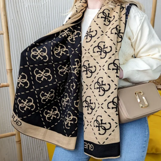 Двосторонній шарф Guess теплий чорно-бежевий