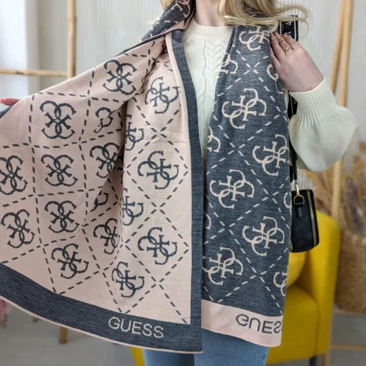 Двосторонній шарф Guess теплий рожево-сірий
