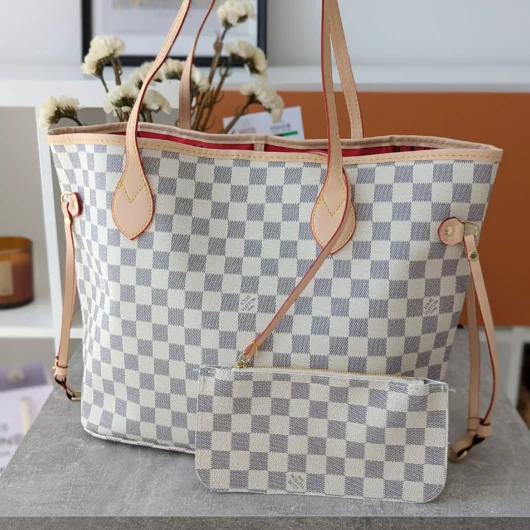 Сумка шоппер LV Louis Vuitton Neverfull ЛЮКС бежева шахмати