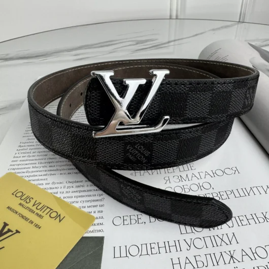 Ремінь Louis Vuitton чорний шахмати срібло