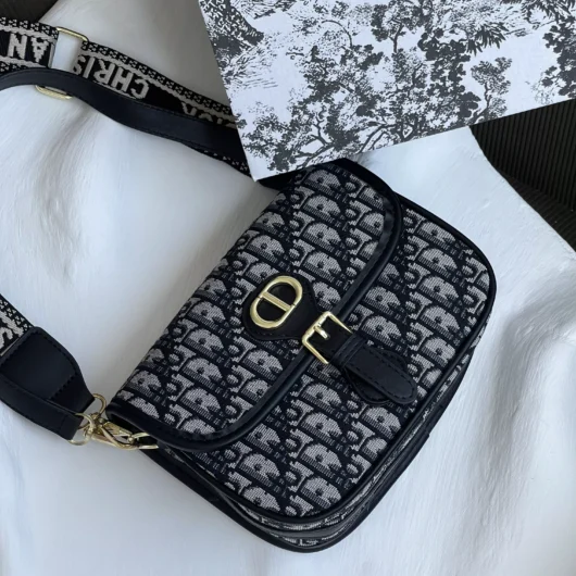 Сумка Christian Dior Bobby на широкому ременці сіро-чорний текстиль