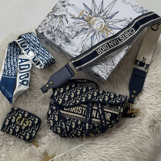 Набір подарунковий Dior Saddle — сумка сідло та кархолдер синій