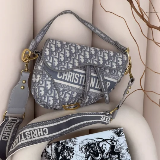 Жіноча сумка Dior Saddle Bag напис світло-сірий