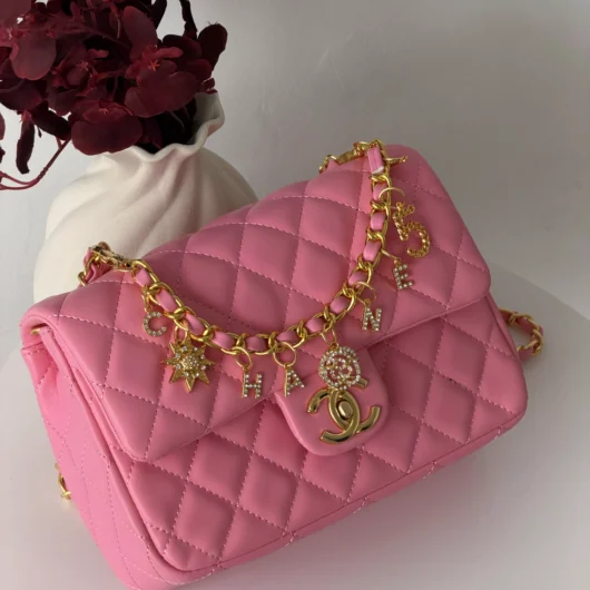 Сумка Chanel Mini Lambskin Coco Charms Rectangular Classic Flap Bag рожевий