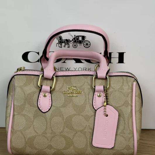 Жіноча сумка Coach Micro Rowan Crossbody In Signature бежево-рожевий