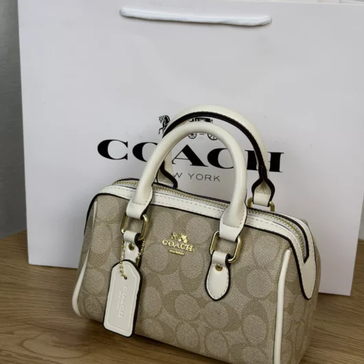Жіноча сумка Coach Micro Rowan Crossbody In Signature бежево-білий