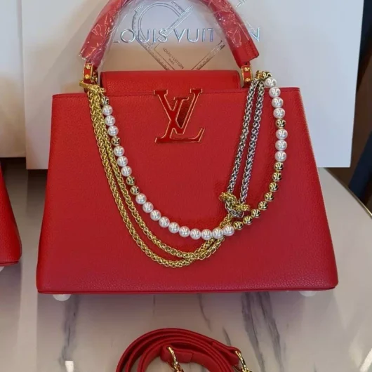 Сумка Louis Vuitton Capucines East-West Medium Premium червоний з перлами